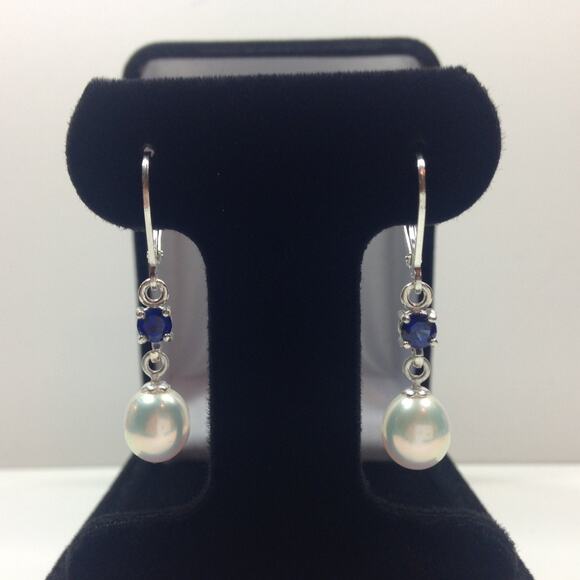 Jas Jacobs Jewelry Jewelry - Beautiful Pearl & Sapphire Earrings in Sterling Silver Dangle Pearl Earrings